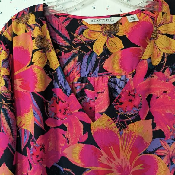 Beautiful by Lawrence Zarian 2X Top Paradise Tropical Multicolor Tiered Floral - Picture 3 of 15